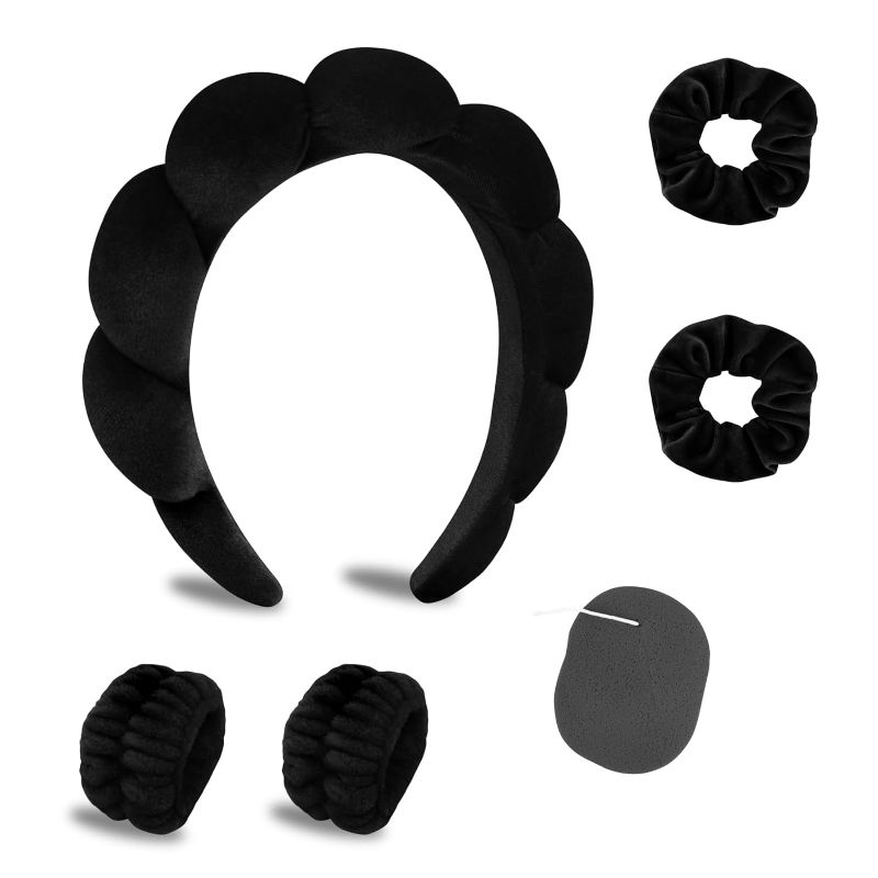 Photo 1 of CAVETEE Makeup Headband for Women, Skincare Headband for Washing Face, Cute Black Puffy Spa Headband with Wristband Scrunchies and Soft Compressed Facial Sponges for Women Girl