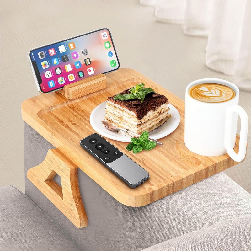 Photo 1 of Couch Sofa Arm Tray Table Bamboo Arm Tray Foldable Sofa Armrest Tray with 360°Rotating Bracket for Phone Anti-Slip Folding Side Table for Small Space, Drink, Eating, Remote, Snacks