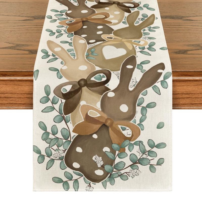 Photo 1 of Artoid Mode Eucalyptus Dots Bunny Rabbit Happy Easter Table Runner, Seasonal Spring Kitchen Dining Table Decoration for Home Party Decor 13x72 Inch 13" x 72", Table Runner Brown (2 PCK)
