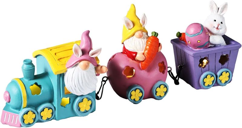 Photo 1 of Easter Bunny Gnomes Decorations,Resin Easter Train Figurines,Gnomes and Bunny Figurines with LED Lights, Spring Easter Decor for Home Office Tabletop Centerpieces