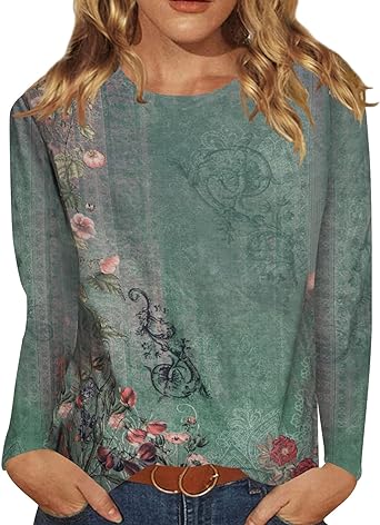 Photo 1 of ANGGREK Womens Button Down Crewneck Casual Shirt 3/4 Sleeve Floral Printed Blouse Pullover Tunic Tops MEDIUM 