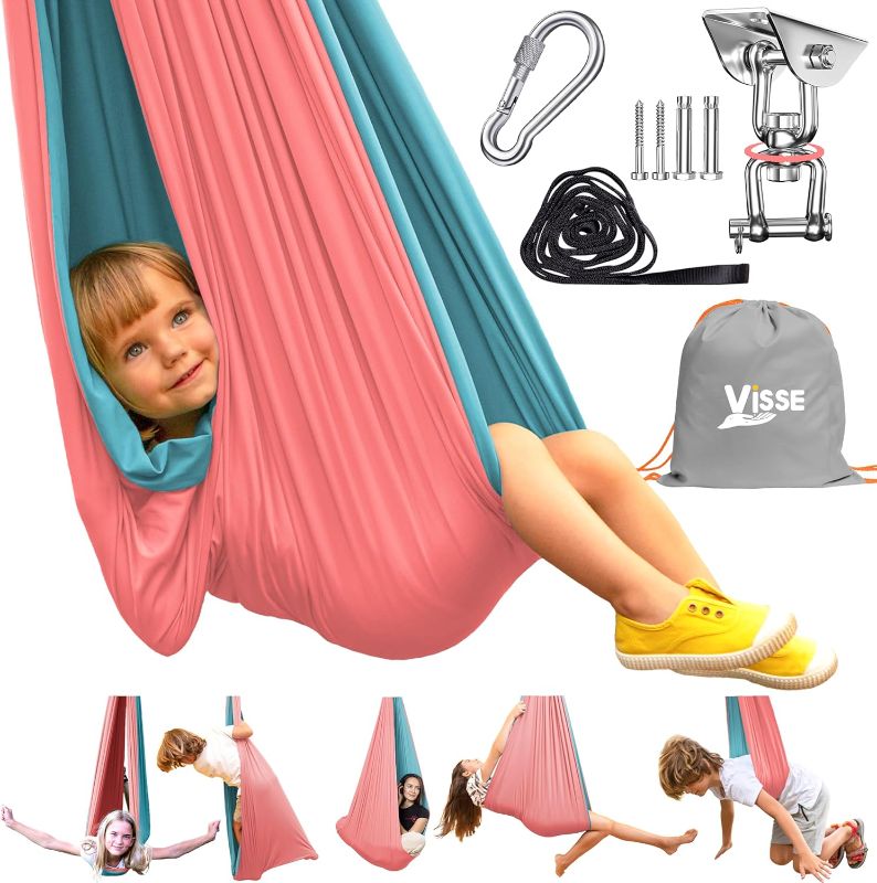 Photo 1 of Sensory Swing for Kids Indoor Outdoor & 360° Hardware - Calming Therapy Swing for Kids & Adults up to 220LB - Helps with ADHD, Autism, Sensory Processing Disorder - Versatile Indoor Sensory Swing- STOCK PHOTO FOR REFERENCE ONLY. UNKNOWN COLOR OF SWING. 