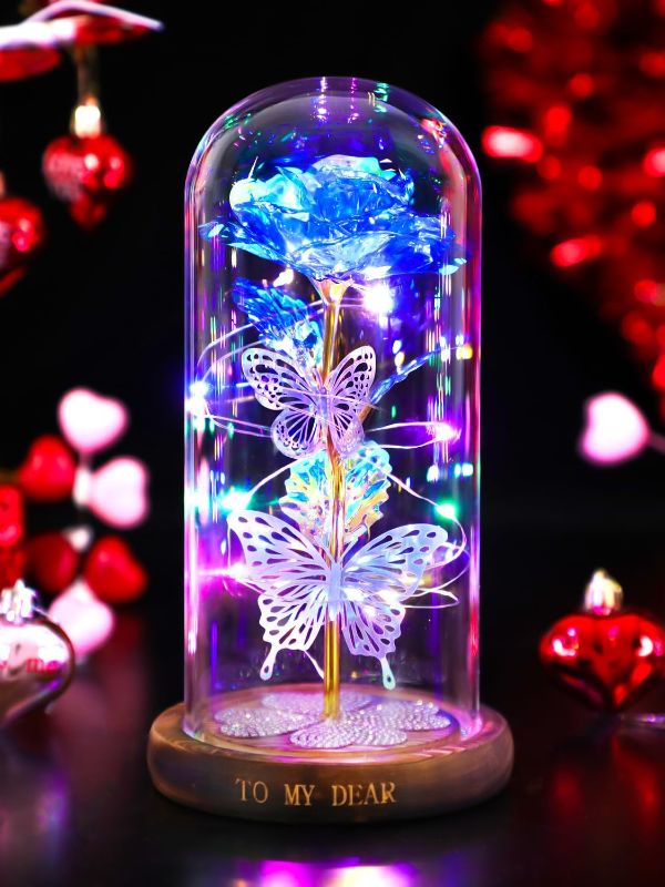 Photo 1 of Womens Gifts for Mothers Day Galaxy Rose Crystal Flower, Light Up Flowers in Glass Dome Birthday Gift Presents Ideas for Mom Grandma Wife Sister Friends (Blue)