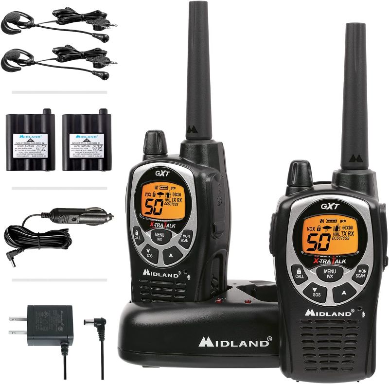 Photo 1 of Midland GXT1000VP4 - 50 Channel GMRS Two-Way Radio - Long Range Walkie Talkie with 142 Privacy Codes, SOS Siren, and NOAA Weather Alerts and Weather Scan (Black/Silver, Pair Pack)
