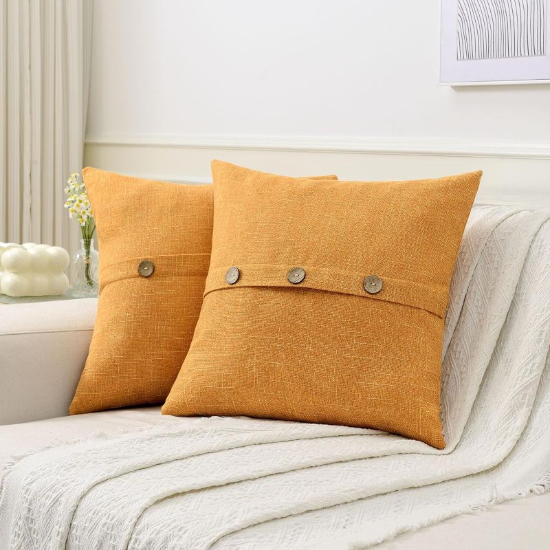 Photo 1 of Ikuoic Orange Linen Decorative Throw Pillow Covers 24x24 Inch Set of 2, Euro Square Cushion Case with 3 Vintage Buttons/Hidden Zipper,Modern Farmhouse Home Decor for Couch,Bed
