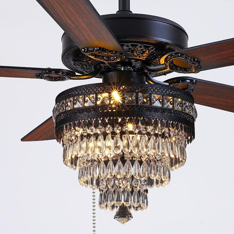 Photo 1 of Crystal Ceiling Fan Fandelier with Lights - Modern Outdoor Fans with Remote Control?Noiseless AC Motor, Retro/Farmhouse Lighting, Dining Room? Living Room (52" 