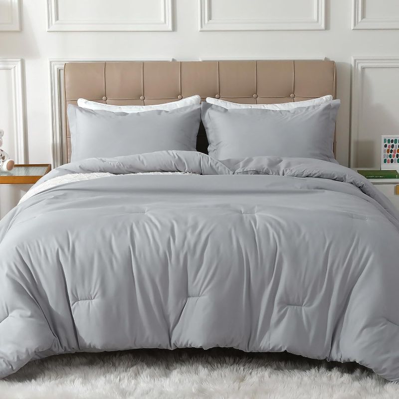 Photo 1 of Queen Comforter Set, Light Grey Comforter for Queen Size Bed, Soft Warm Bedding Set 3 Pieces for All Seasons, 1 Comforter (88"x88") and 2 Pillow Shams (20"x30")
