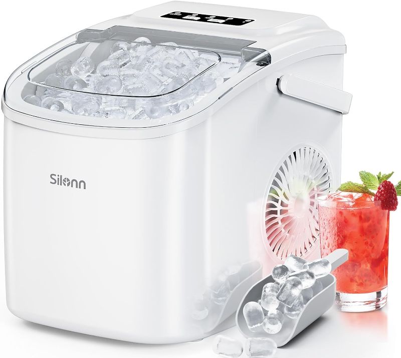 Photo 1 of Countertop Ice Maker, Ice Maker Machine 6 Mins 9 Bullet Ice, 26.5lbs/24Hrs, Portable Ice Maker Machine with Self-Cleaning, Ice Scoop, and Basket, Ice Maker for Home/Office/Party (White)
