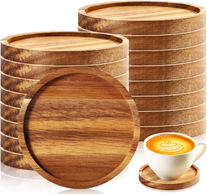 Photo 1 of 12 Pcs Acacia Round Wood Coasters 4 Inch Wooden Drink Coasters Bulk Stackable Reusable Coasters for Coffee Table Protection Housewarming Gifts Bar Home Table Desk Party Supplies
