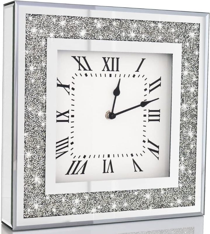 Photo 1 of Crystal Crush Diamond Mirrored Square Wall Clock with Sparkle Twinkle Bling Diamond Decor for Wall Decoration, 12x12inch Decorative Silver Mirror Quartz Clock for Home Decor. AA Battery not included
