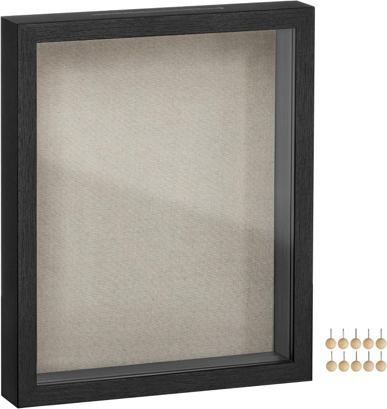 Photo 1 of SONGMICS 11x14 Shadow Box Frame, Deep Box Frame with Top Slot and Push Pins, Picture Frame Display Case for Savings, Linen Fabric Backing for DIY Craft, Glass Front, Black, Gift
