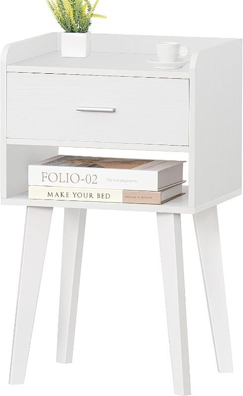 Photo 1 of Lerliuo White Nightstand, Modern Bedside Table with Drawer, Wood End Table for Small Space, Side Table with Storage, Night Stand for Bedroom/Living Room/Dorm 26.38''H 