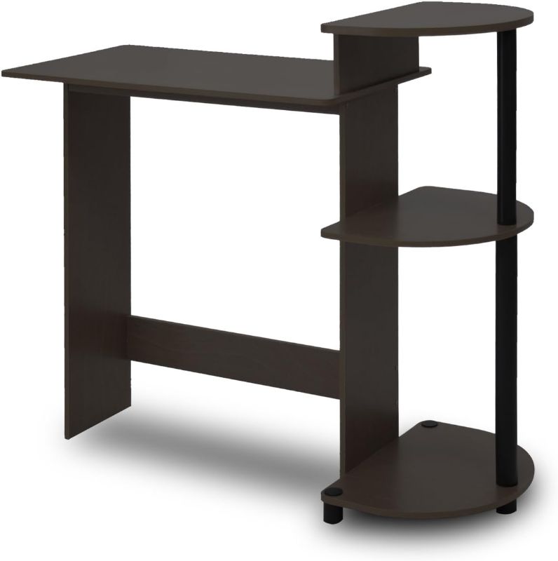 Photo 1 of Furinno Compact Computer Desk with Shelves, Round Side, Espresso/Black
