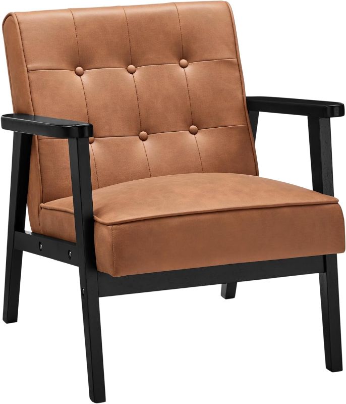 Photo 1 of SONGMICS Accent Leisure Chair, Mid-Century Modern Arm Chair with Solid Wood Armrests and Legs, 1-Seat Cushioned Sofa for Living Room Bedroom Balcony Studio, Coffee Brown ULAC001K01
