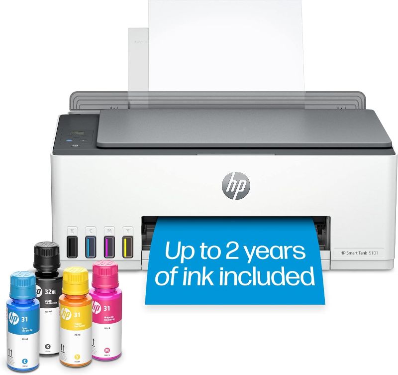 Photo 1 of HP Smart -Tank 5101 Wireless Cartridge-free all in one printer, up to 2 years of ink included, mobile print, scan, copy (1F3Y0A) , White
