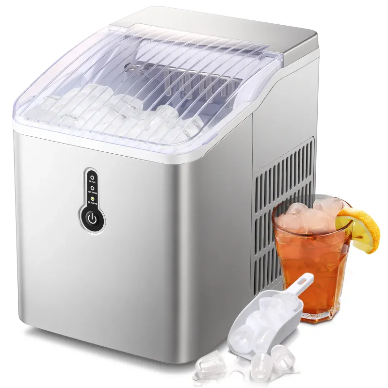 Photo 1 of Auseo Countertop Ice Maker Machine, Portable Compact Ice Maker with Ice Scoop&Ice Basket, 9 Pcs/8 Mins, 26LBS/24H, Bullet Ice, Self-Cleaning, Home/Kitchen/Office/Bar, Silver
