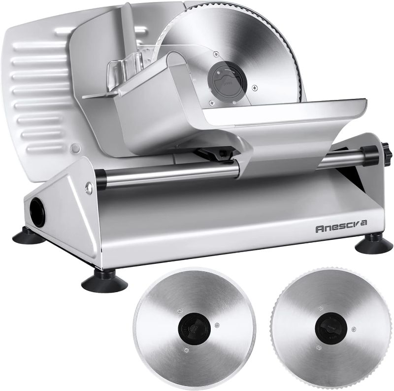 Photo 1 of Meat Slicer, Anescra 200W Electric Deli Food Slicer with Two Removable 7.5’’ Stainless Steel Blades and Food Carriage, 0-15mm Adjustable Thickness Meat Slicer for Home, Food Slicer Machine
