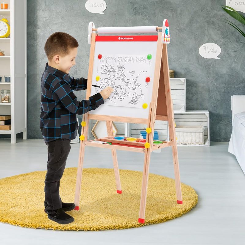Photo 1 of Wooden Easel for Kids with Paper Roll, Kids Art Easel with Large Double-Sided Drawing Board for Painting, Adjustable Wooden Easel Stand with Folding Storage Tray Gift for Boys Girls
