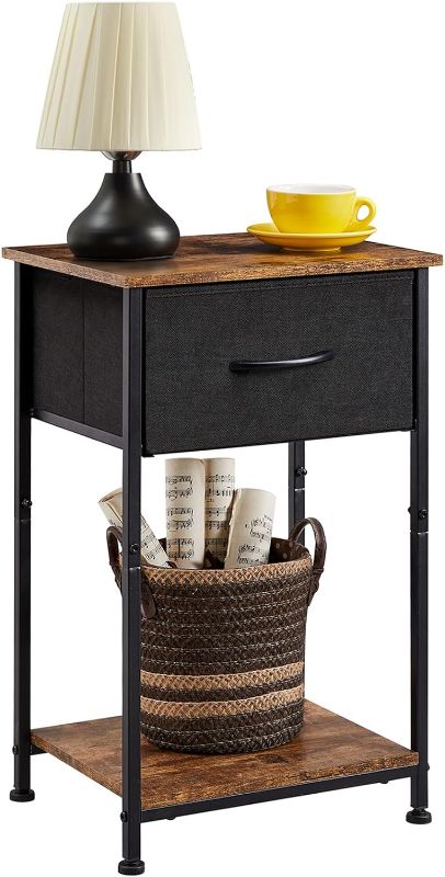 Photo 1 of Somdot Nightstand, Bedside Table End Table for Bedroom Nursery Living Room - Removable Fabric Drawer, Open Storage Shelf, Sturdy Steel Frame, Durable Wood Top - Black
