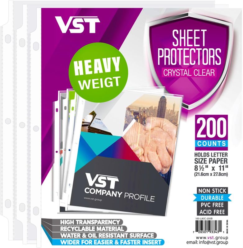 Photo 1 of VST Heavy Duty Sheet Protectors 8.5 x 11 in for 3 Ring Binder, 3 Mil Crystal Clear Page Protectors, Plastic Sleeves for Binders, Top Loading Paper Protector Letter Size,200 Sheets
