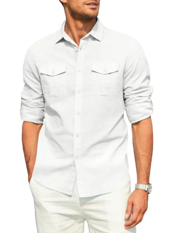 Photo 1 of JMIERR Men's Linen Shirts Casual Button Down Roll Up Long Sleeve Shirts with 2 Flap Pockets 3-xl
