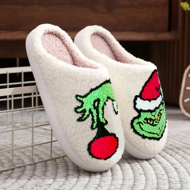 Photo 1 of Christmas Grinch Slippers for Women Men Christmas Grinch Plush Warm Slippers Indoor Outdoor House Home Winter Shoes Slippers Fuzzy House Slippers Christmas Gifts For Girls Women Girlfriend
