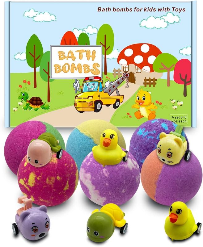 Photo 1 of 7 Oz Bath Bombs for Kids - with Surprise Toys Inside Pull-Back Car 6 Pack Natural Colorful Bath Bombs for Boys Girls with Animal Car Birthday Chirstmas Gift for Child
