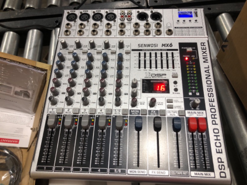 Photo 3 of SENWOSI 6-Channel All-metal panel Audio Mixer, BT USB PC Recording Input, 16 DSP Effects, Stereo Equalizer,48V Power Supply,4 Mono 2 Stereo Input, Studio Or Live (MX-6)
