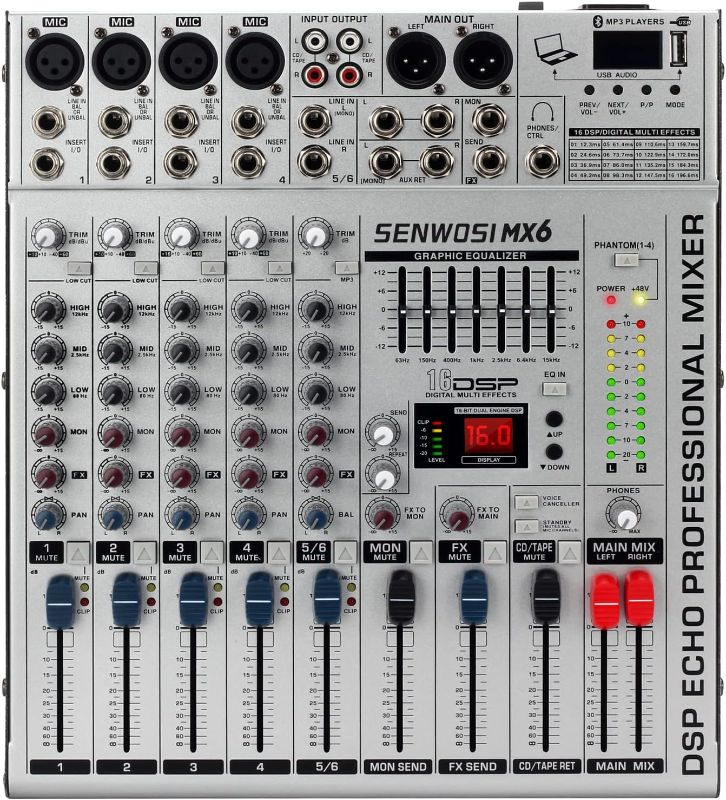 Photo 1 of SENWOSI 6-Channel All-metal panel Audio Mixer, BT USB PC Recording Input, 16 DSP Effects, Stereo Equalizer,48V Power Supply,4 Mono 2 Stereo Input, Studio Or Live (MX-6)
