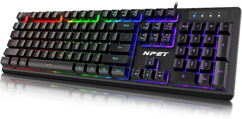 Photo 1 of NPET K10 Wired Gaming Keyboard, LED Backlit, Spill-Resistant Design, Multimedia Keys, Quiet Silent USB Membrane Keyboard for Desktop, Computer, PC (Black)

