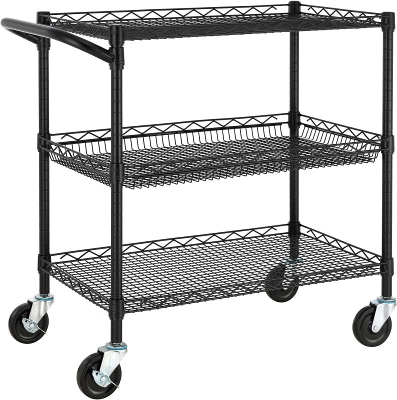 Photo 1 of Finnhomy 3 Tier Heavy Duty Commercial Grade Utility Cart, Wire Rolling Cart with Handle Bar, Steel Service Cart with Wheels, Kitchen Cart on Wheels, Food Storage Trolley, NSF Listed, Black 