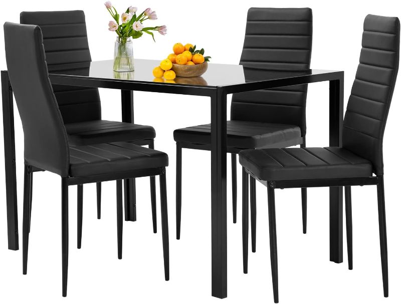Photo 1 of FDW Dining Table Set Glass Dining Room Table Set for Small Spaces Kitchen Table and Chairs for 4 Table with Chairs Home Furniture Rectangular Modern (Black Glass)
