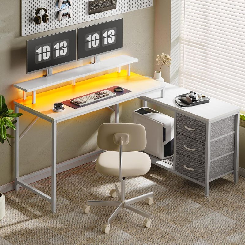 Photo 1 of Huuger Reversible L Shaped Computer Desk with Drawers, Gaming Desk with LED Lights and Power Outlets, Office Desk with Storage Shelves, Corner Desk with Monitor Stand, for Home & Office, White, 7067WC
