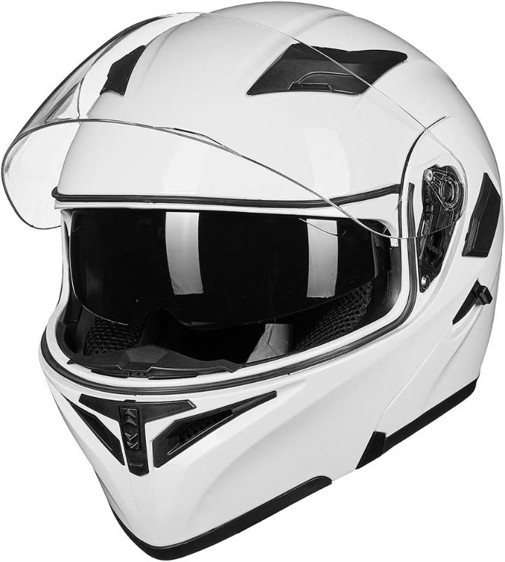 Photo 1 of ILM Motorcycle Dual Visor Flip up Modular Full Face Helmet (L, White) and Ski Balaclava Face Mask size l