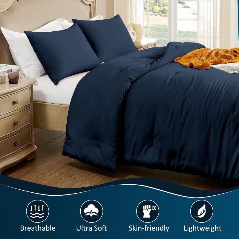 Photo 1 of Cozyide King Size Comforter Set Navy, 3 Pieces Lightweight Solid Color Comforter Set for All Seasons, Ultra Soft Bedding Comforter Sets (1 Comforter King Size 104"x92" + 2 Pillow Shams 20"x36")

