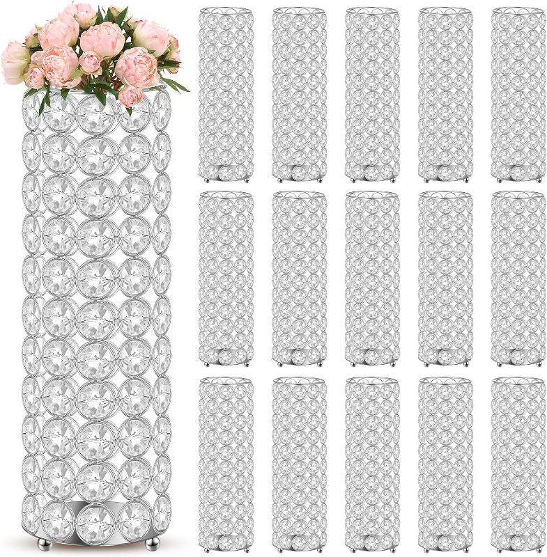 Photo 1 of Dandat 16 Pcs Crystal Flower Vase Table Centerpieces 10.24 Inch Tea Light Candle Holders Wedding Crystal Cylinder Flower Vases for Table Room Home Wedding Party Events Decor (Silver) 