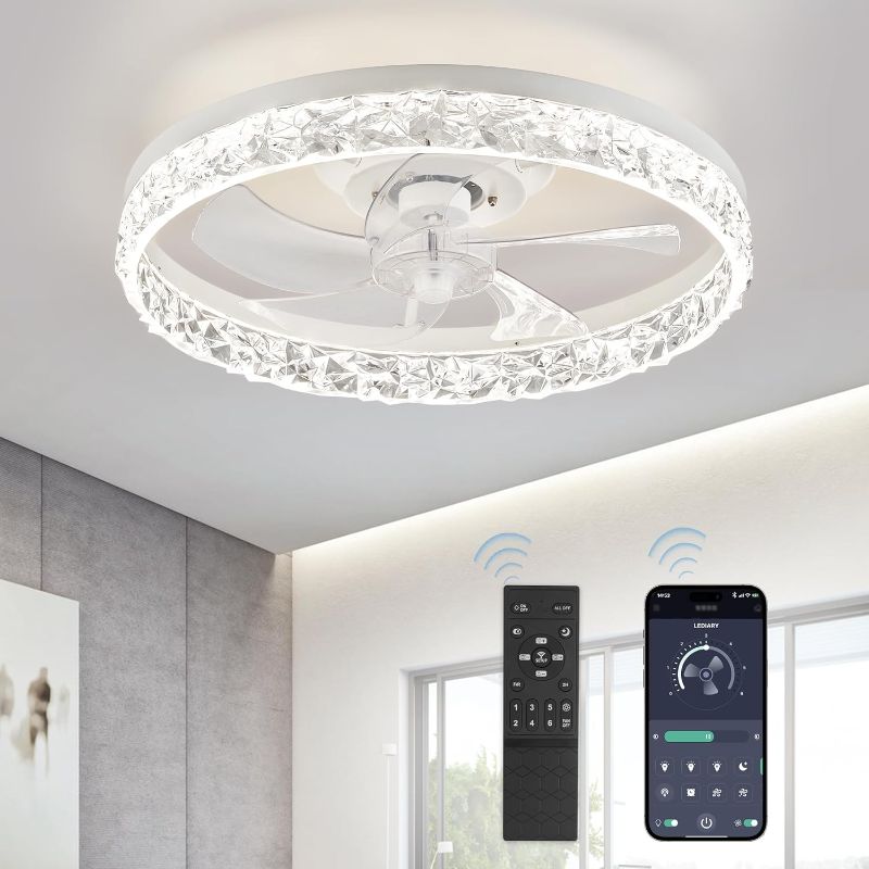 Photo 1 of LEDIARY 20" Modern Ceiling Fans with Lights and Remote, Dimmable Low Profile Ceiling Fan, Flush Mount Bladeless Ceiling Fan, Stepless Color Temperature Change and 6 Speeds - White 