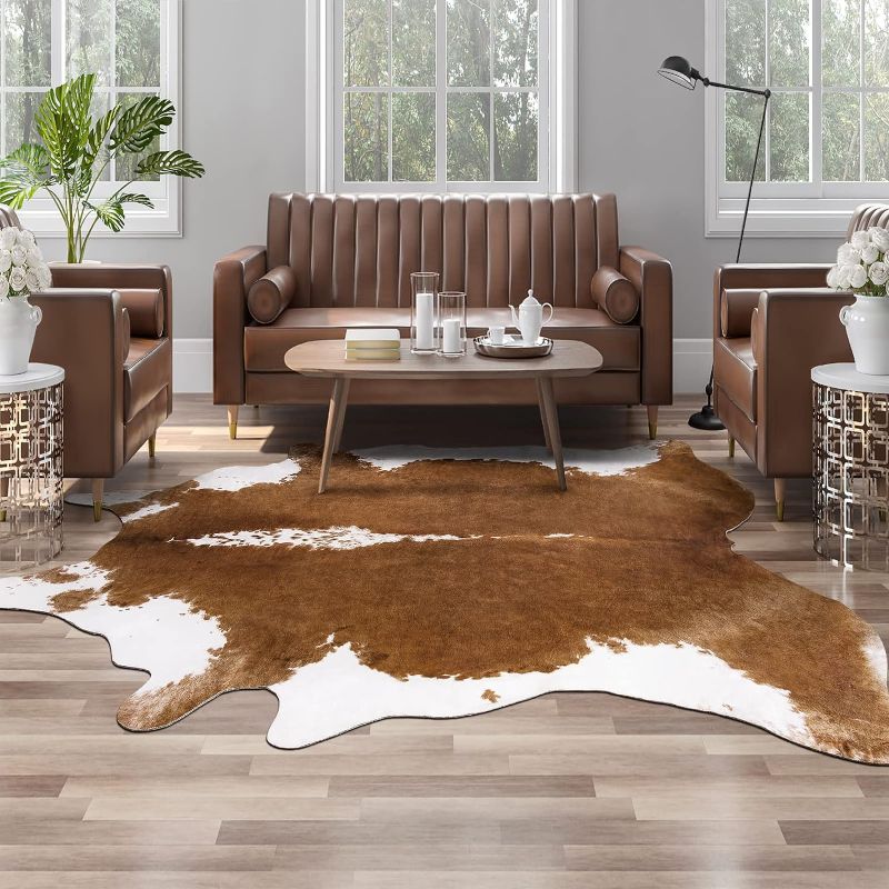 Photo 1 of AROGAN Premium Faux Cowhide Rug 4.6 x 5.2 Feet, Sturdy and Large Size Cow Print Rugs, Suitable for Bedroom Living Room Western Decor, Faux Fur Animal Cow Hide Carpet, Brown
