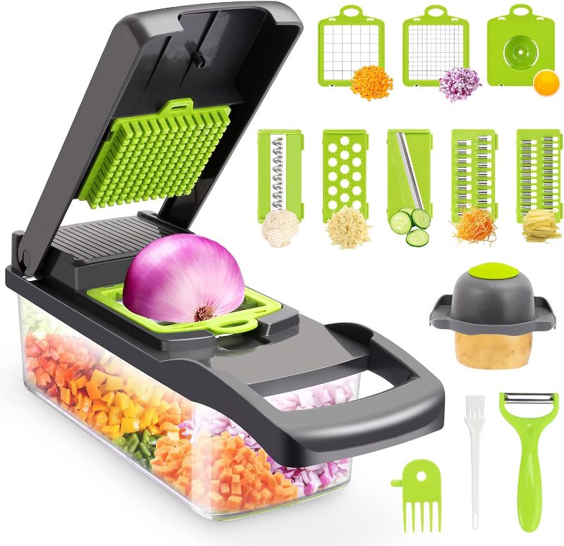 Photo 1 of Vegetable Chopper,Senbowe Multifunctional 13-in-1 Food Choppers Onion Chopper Vegetable Slicer Cutter Dicer Veggie chopper with 8 Blades,Colander Basket,Container for Salad Potato Carrot Garlic
