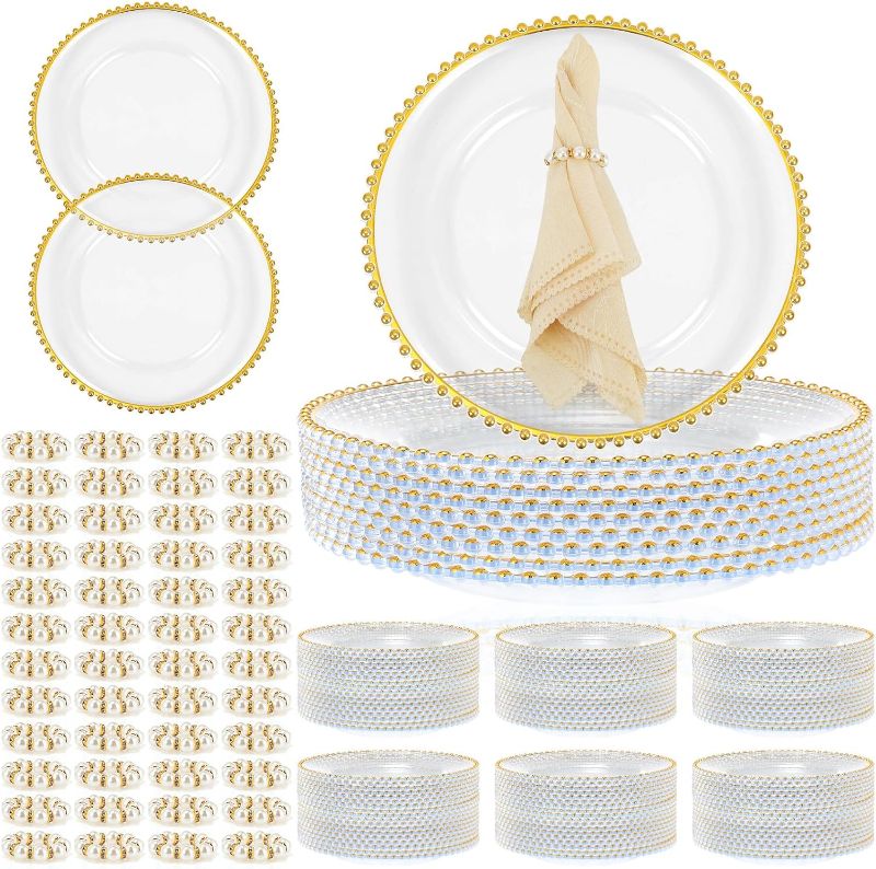 Photo 1 of Tioncy 50 Set Clear Charger Plates Bulk 50 Clear Beaded Plastic Charger Plates 13 Inch, 50 Napkin Rings, Acrylic Round Dinner Charger Table Decorative Plate for Wedding Party Event (Clear and Gold)
