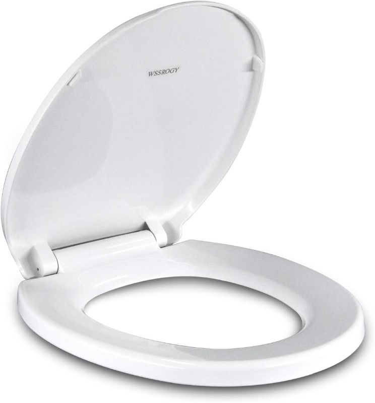 Photo 1 of Toilet Seat Round with Non-Slip Seat Bumpers, Universal Quiet-Close Toilet Lid, Never Loosen and Easy to Install, Durable Plastic, White, Fits Standar
