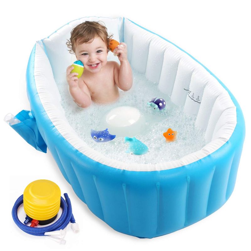 Photo 1 of Baby Inflatable Bathtub, Portable Infant Toddler Bathing Tub Non Slip Travel Bathtub Mini Air Swimming Pool Kids Thick Foldable Shower Basin with Air Pump, Blue
