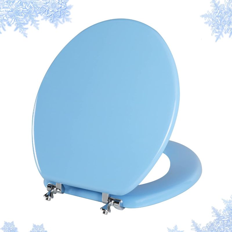 Photo 1 of Blue Round Toilet Seat Natural Wood Toilet Seat with Zinc Alloy Hinges, Easy to Install also Easy to Clean, Scratch Resistant Toilet Seat by Angol Shiold (Round, Blue)
