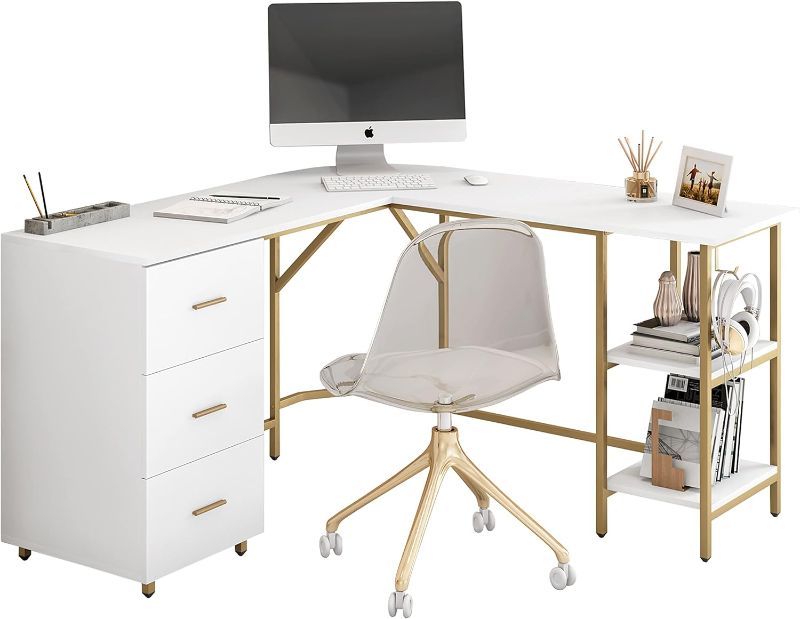 Photo 1 of Techni Mobili L Shaped Desk - Two-Toned Computer Desk with Drawers & Storage Shelves - Simple Modern Furniture & Home Office Space Corner Table for Work & Writing
