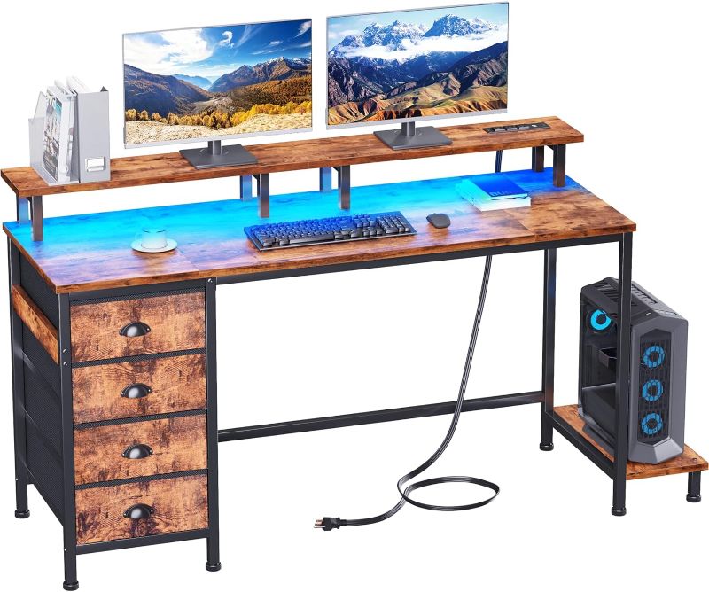 Photo 1 of Furologee 55in Computer Desk with 4 Drawers, LED Gaming Desk with Power Outlets, Office Desk with Full Monitor Stand and Storage Shelf, Study Work Desk for Home Office Bedroom, Rustic Brown
