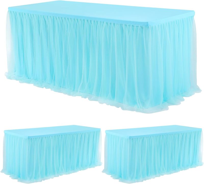 Photo 1 of netbros 3 Pack Spandex Table Skirts for Rectangle Tables 6ft and Fitted Table Cover 1 Piece, Wrinkle Resistant Blue Tablecloth with Skirt, Tutu Table Skirt for Birthday Parties, Banquets, and Event