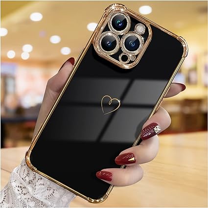 Photo 1 of ICREEFUN for iPhone 14 Pro Case, Cute Love Heart Plating Luxury Phone Case for Women Girls, Full Camera Protection & Raised Corners Bumper Slim Shockproof Protective Phone Cover 6.1 Inch, Black