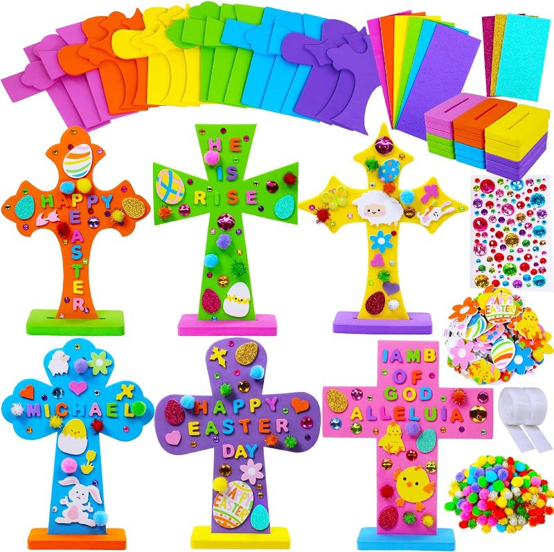 Photo 1 of 18 Sets Easter Cross Decorations DIY Craft Kits Assorted Foam Cutouts Egg Bunny Chick Stickers Pom-poms for Kids Classroom Sunday School VBS Activity Art Project