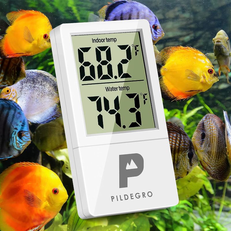 Photo 1 of Pildegro Aquarium Thermometer Digital, Advanced ±0.9°F 360d Standby Cordless 2-in-1 for Water/Indoor Temp Monitoring, Prime Stick-on LCD Fish Tank Thermometer for Home & Aquariums