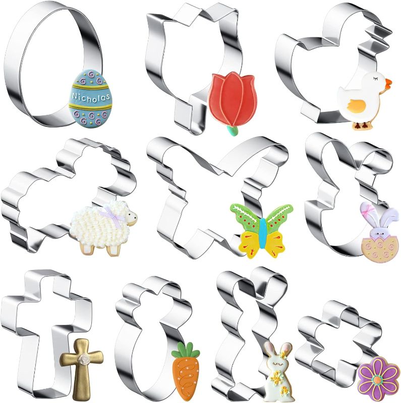 Photo 1 of Easter Cookie Cutters Set - Stainless Steel Biscuit Shape Molds for Baking Kitchen Tool - Egg, Bunny, Rabbit, Carrot, Flower, Cross, Sheep, Chick Cookie Cutters Set with Biscuit Pastry Cutters,10 Pcs 